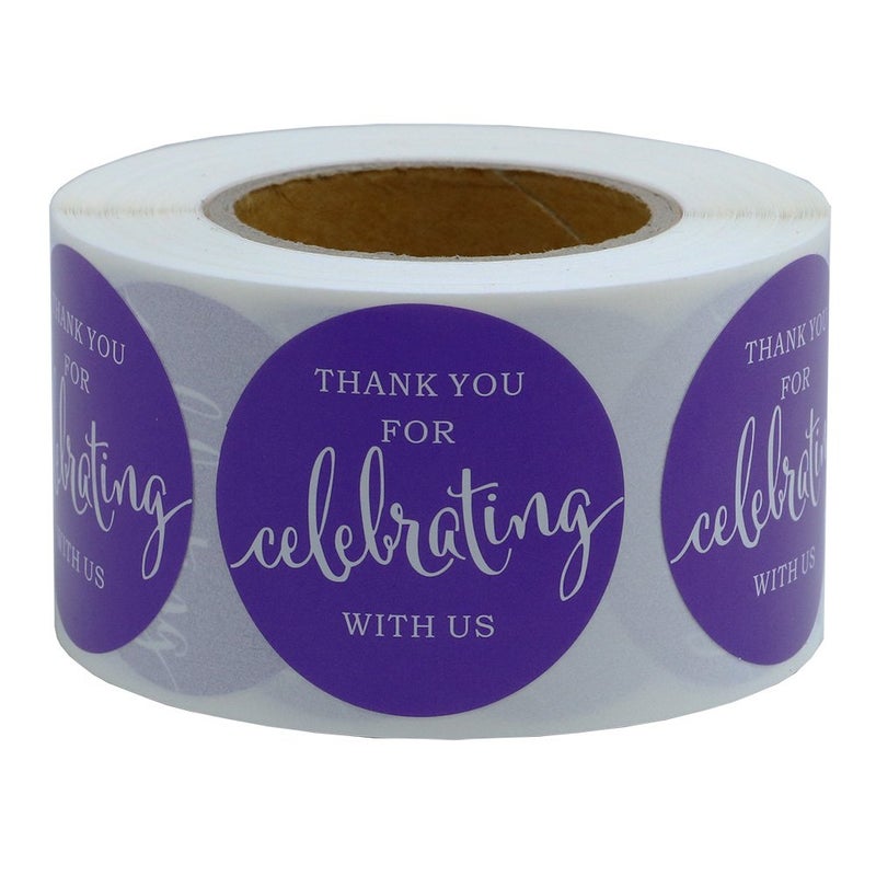 Hybsk Purple Thank You for Celebrating with Us Stickers 1.5" Round Total 500 Labels Per Roll (Type 1) - Image 1